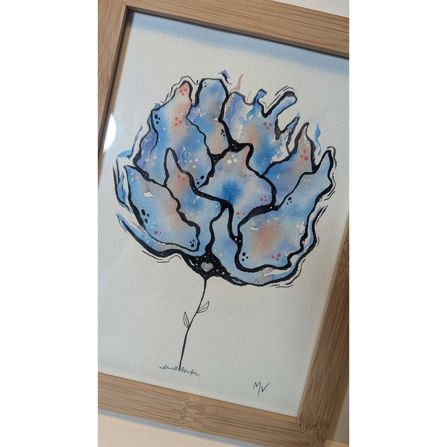 Illustration af abstrakt blå og sort blomst, dansk design plakat til børneværelset, kunstmaleri.