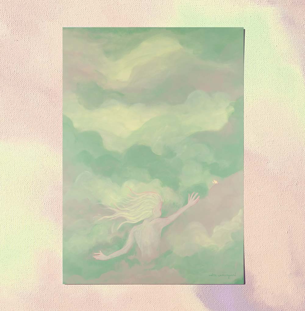 A5 kort med drømmende illustration i pastelgrønne nuancer, dansk design til plakater til børneværelset og malerikunst.