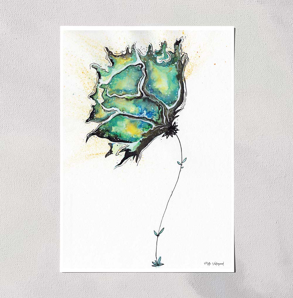 Illustration af blækblomst i blågrønne nuancer på hvidt A5 kort, dansk design, kunstmaleri til børneværelset og plakater til .