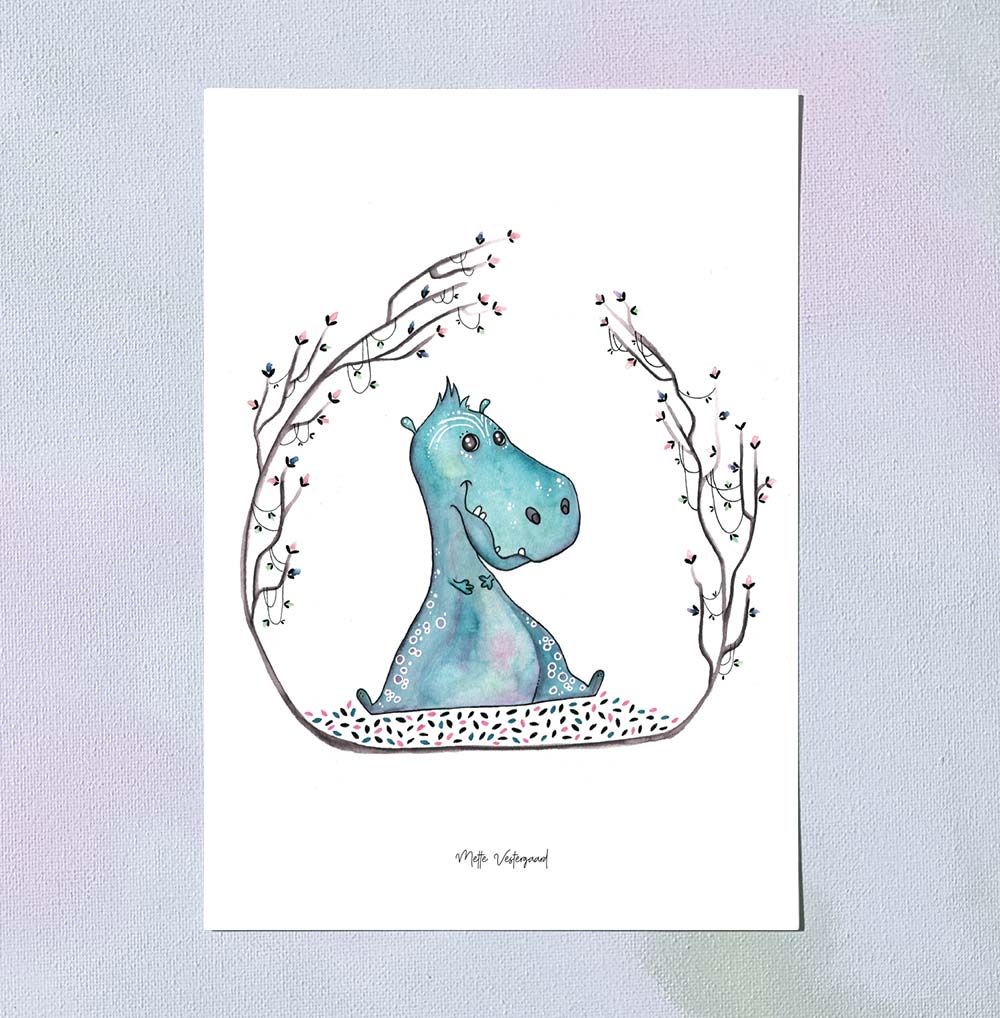 Blå dino illustration i akvarelstil med fine grene omkring, dansk design plakat til børneværelset, kunst til børn.