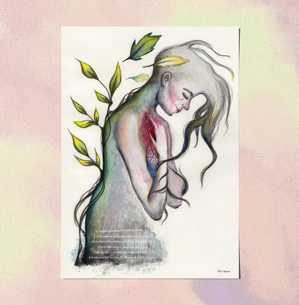 Illustration med kvinde og bladgrene, maleri i dansk design til plakater til børneværelset og børn.