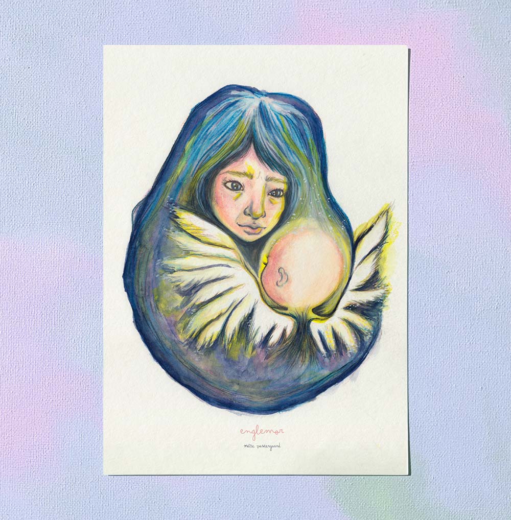 A5 kort med illustration af englemor med barn, dansk design, plakater til børneværelset, kunstmaleri.