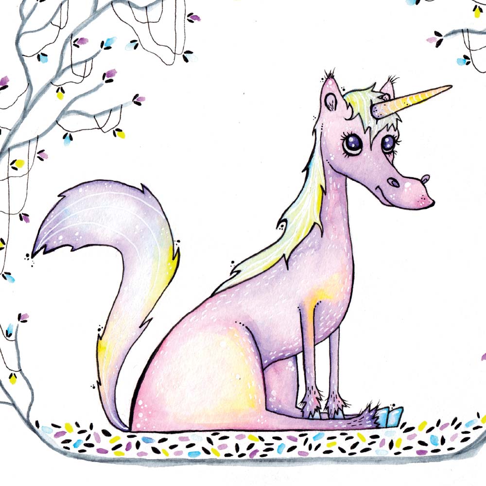 Nærbillede af illustrationen med den lille enhjørning.