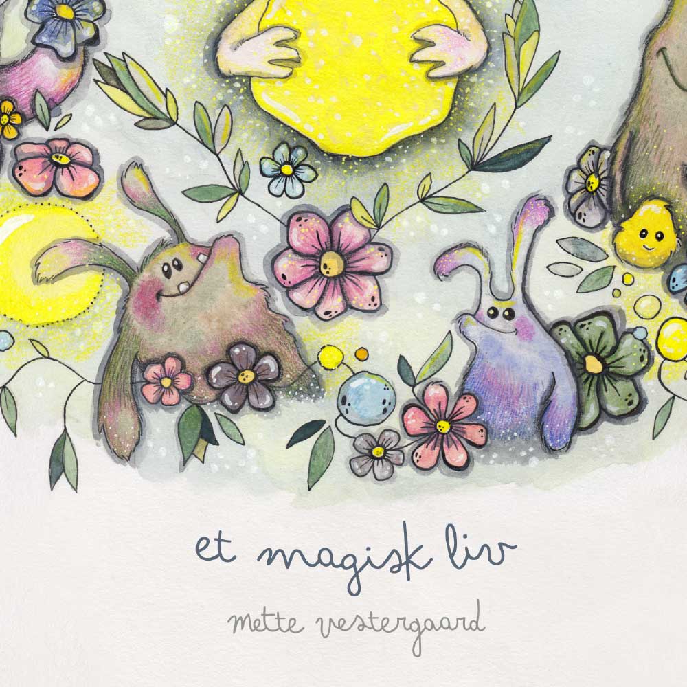 Nærbillede af titlen på illustrationen, og de små smilende monstre nederst på illustrationen.