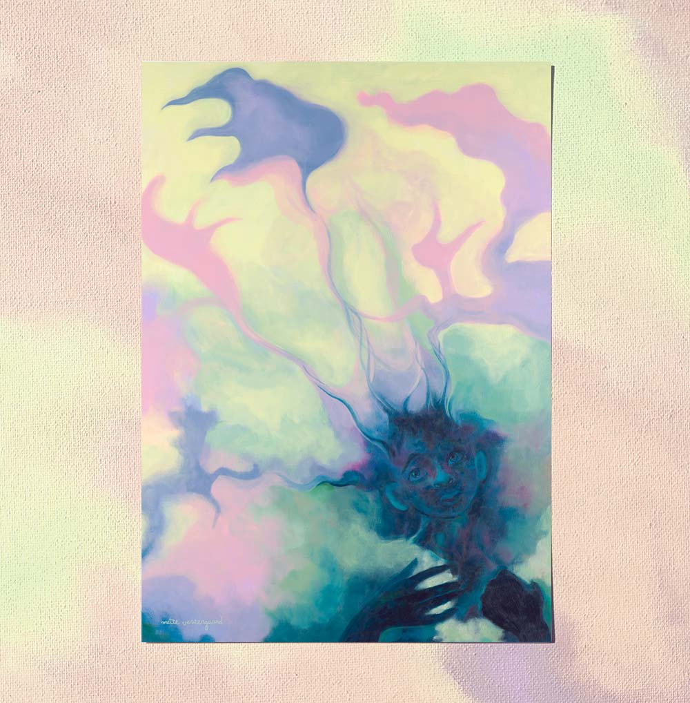 A5 kort med abstrakt illustration i pastelfarver, dansk design til plakater til børneværelset og kunst.