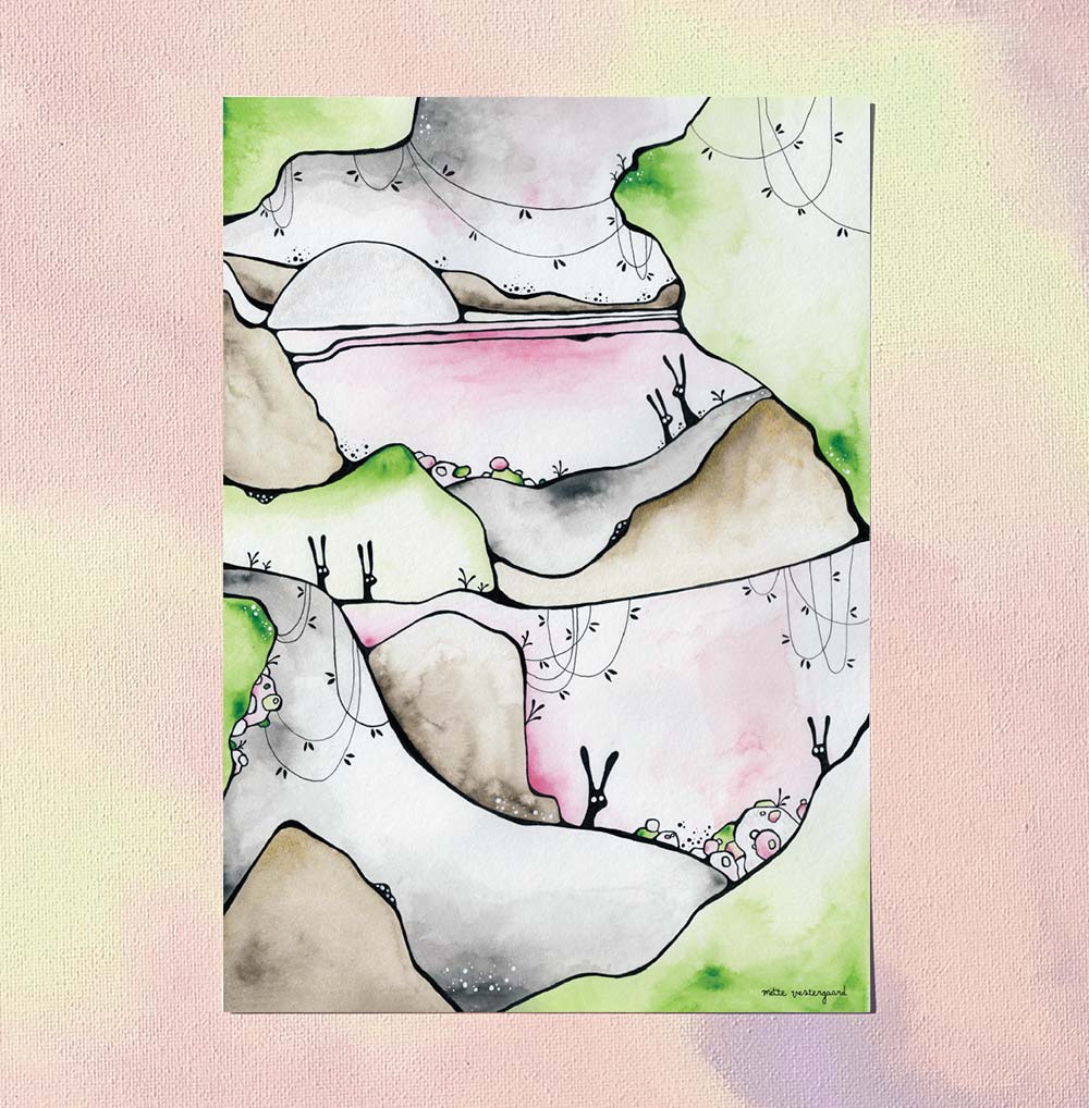 A5 kort med abstrakt illustration i grønne, rosa og grå nuancer, dansk design, plakater til børneværelset, kunstmaleri.