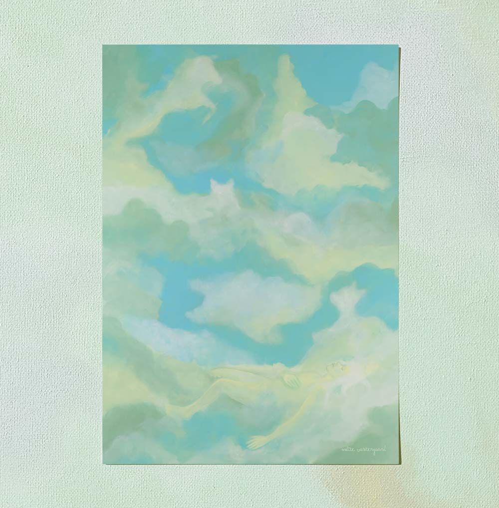 A5 kort med blid illustration af himmel og skyer i pastelfarver, dansk design maleri til plakater til børneværelset og.