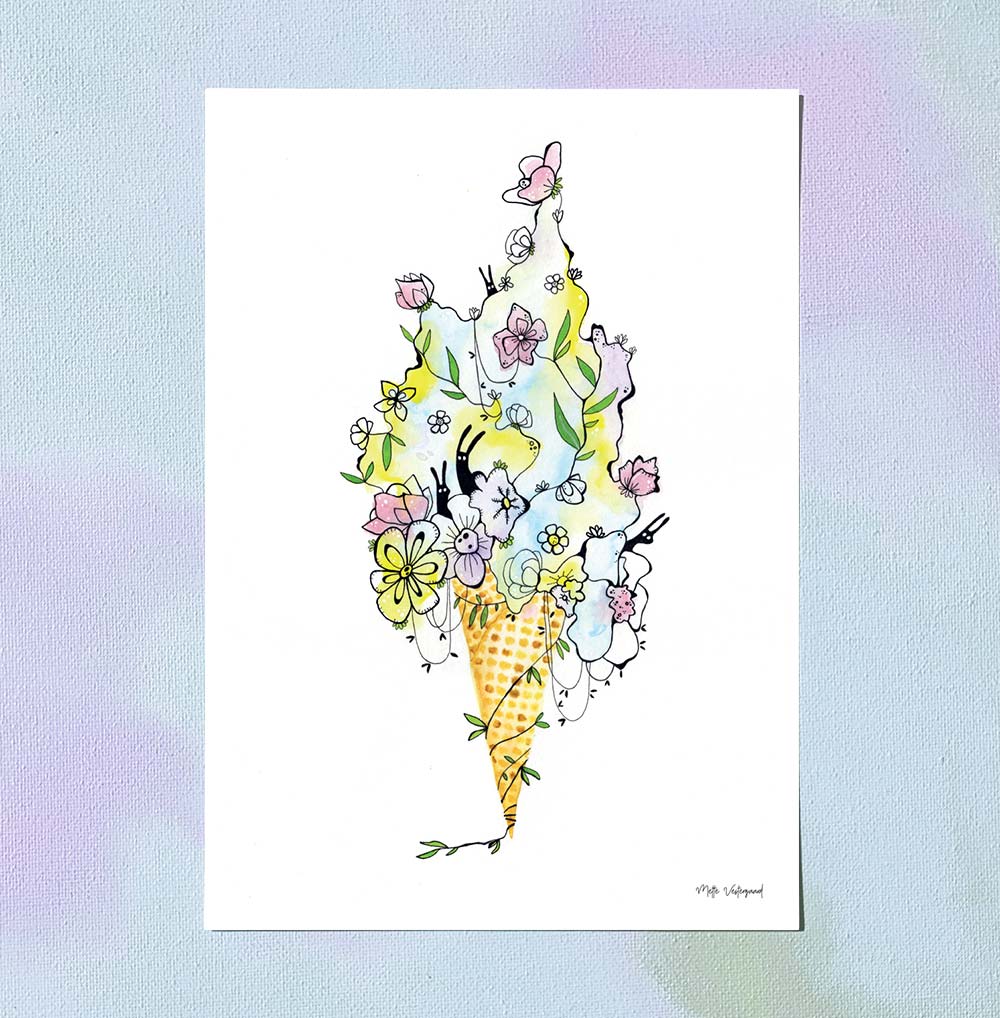 A5 kort med dansk design illustration af isblomst i pastelfarver, kunst til børneværelset.