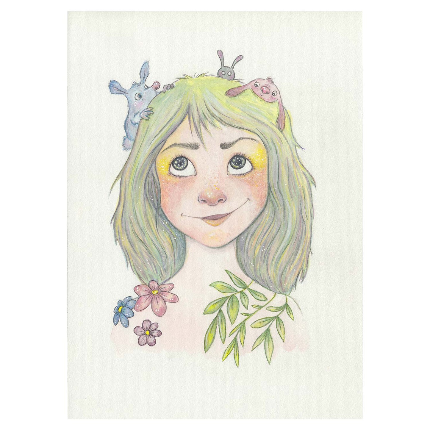 Illustration af pige med blomster og dyr, dansk design maleri til plakater til børneværelset og kunst.