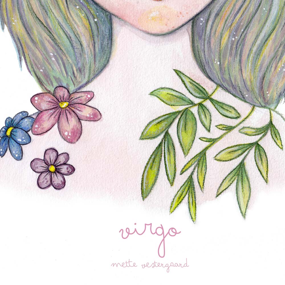 Illustration af Jomfruen pige med blomster og grønne blade, dansk design plakat til børneværelset.