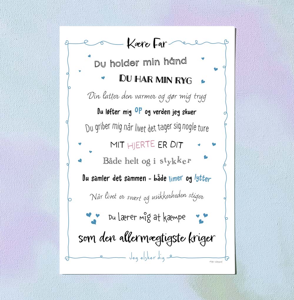 A5 kort med håndtegnet illustration og dansk design, tekst om fars styrke, kunst og maleri, plakater til børneværelset og.