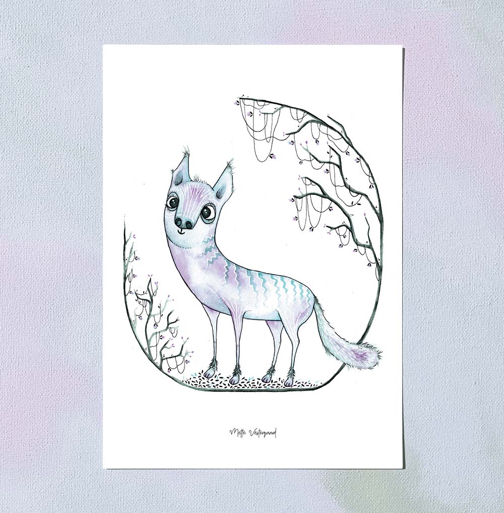 A5 kort med turkis kattedyr illustration i dansk design, plakater til børneværelset og børn, kunstmaleri.