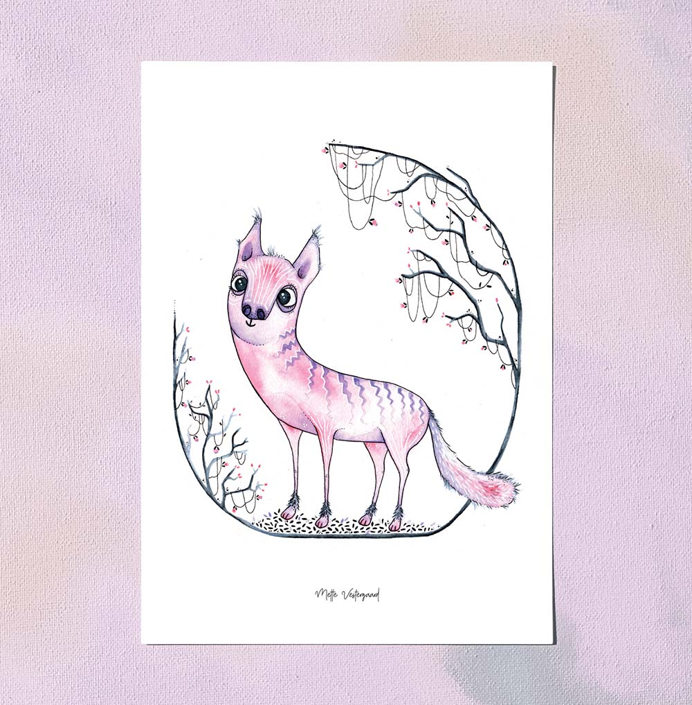 A5 kort med pink kattedyr illustration i dansk design til plakater til børneværelset og kunst.