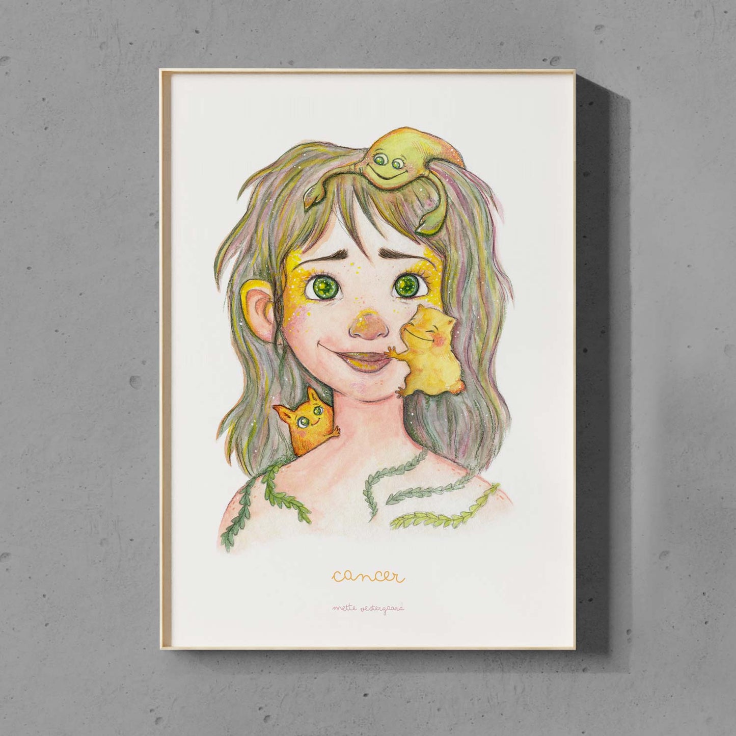 Illustration af Krebsen pige med grønne øjne og dyr, dansk design plakat til børneværelset.