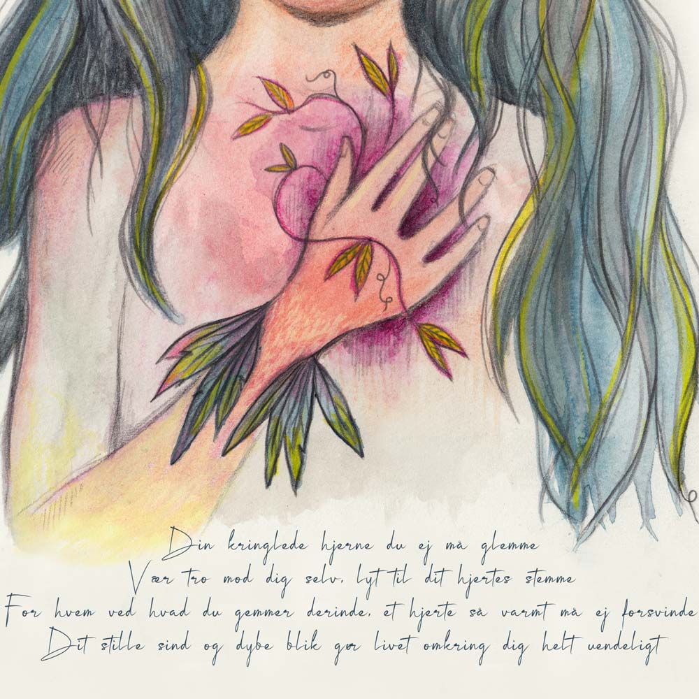 Nærbillede af illustrationen af en ugle lignende pige med store gule øjne. Under pigen er der et sødt vers der handler om at have en kringlet hjerne. Sød illustration og plakat der har fokus på piger med ADHD, ADD eller autisme.