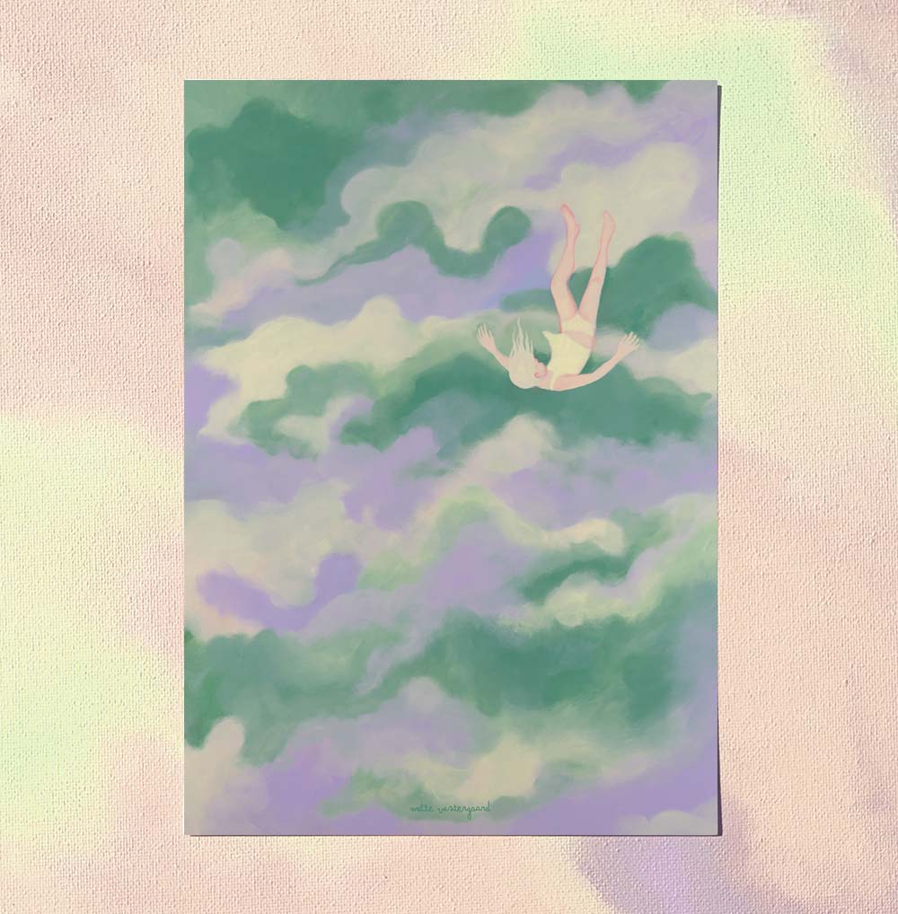 A5 kort med blød illustration af faldende figur i grønne og lilla skyer, dansk design kunst til børneværelset.