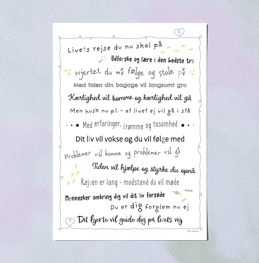 A5 kort med dansk design og illustration, tekst om livets rejse, plakater til børneværelset, kunst og maleri.