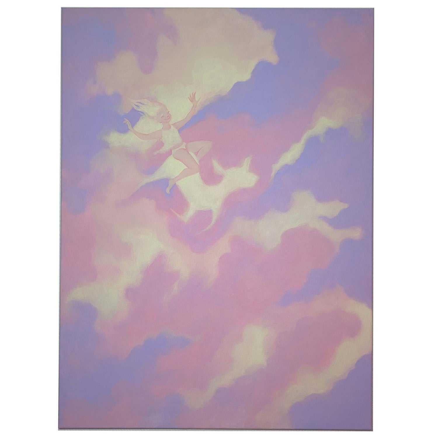 Drømmeagtig illustration med pastelblå og rosa skyer, dansk design maleri til børneværelset, kunst og plakater til børn.