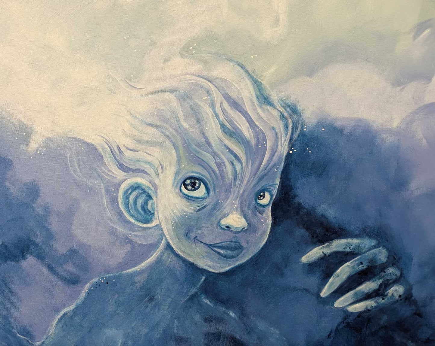 Illustration af fantasifuldt blåskyet barn med bølgende hår, dansk design maleri til børneværelset, plakater til børn, kunst.