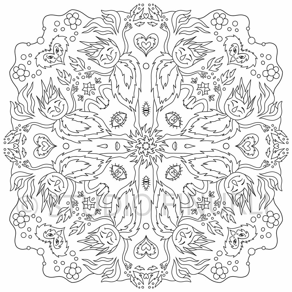 Sort-hvid mandala illustration med blomster og hjerter, dansk design, plakater til børneværelset, kunst.