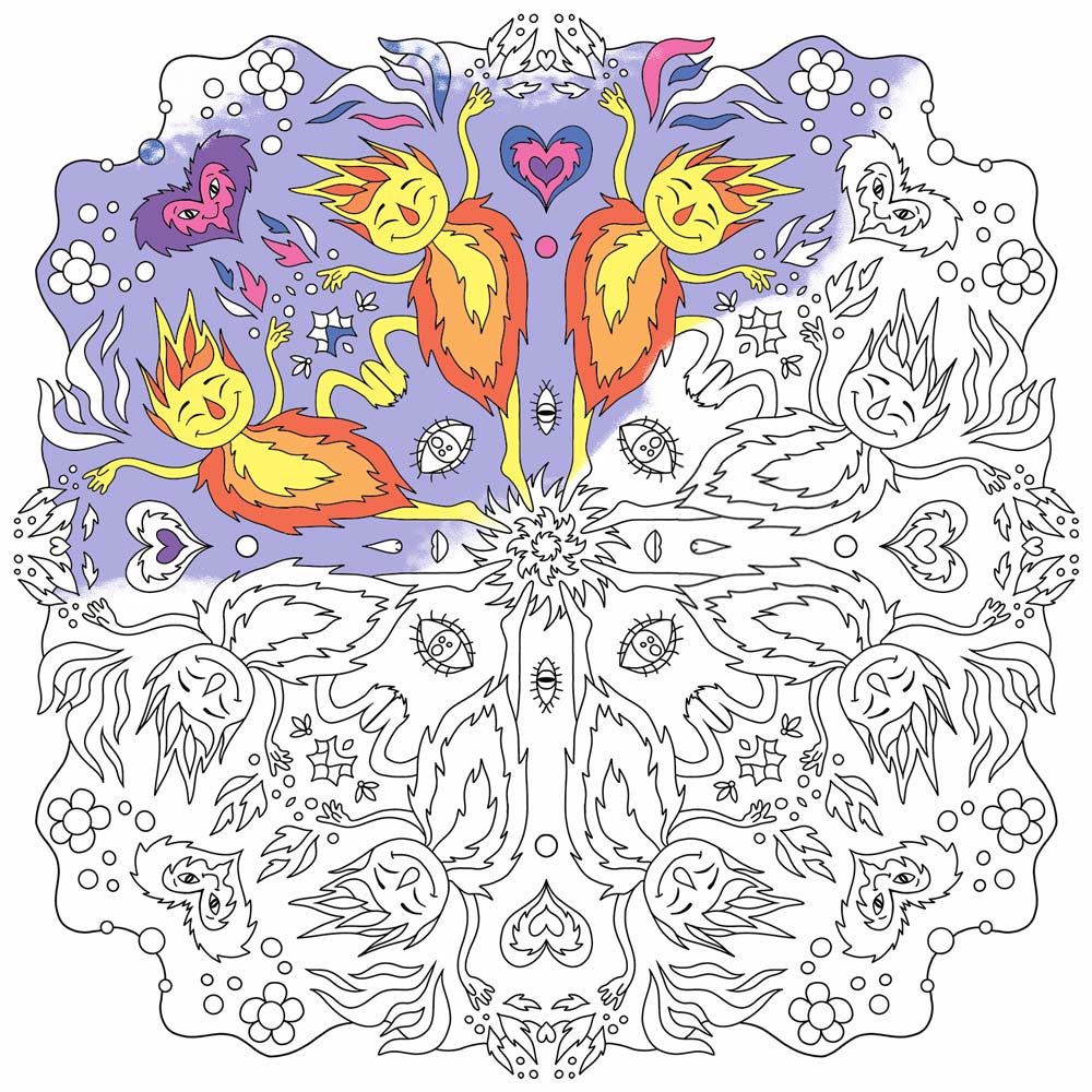 Illustration af dansk design mandala med blomster og fugle i lilla, orange og gul, plakater til børneværelset kunstmaleri.