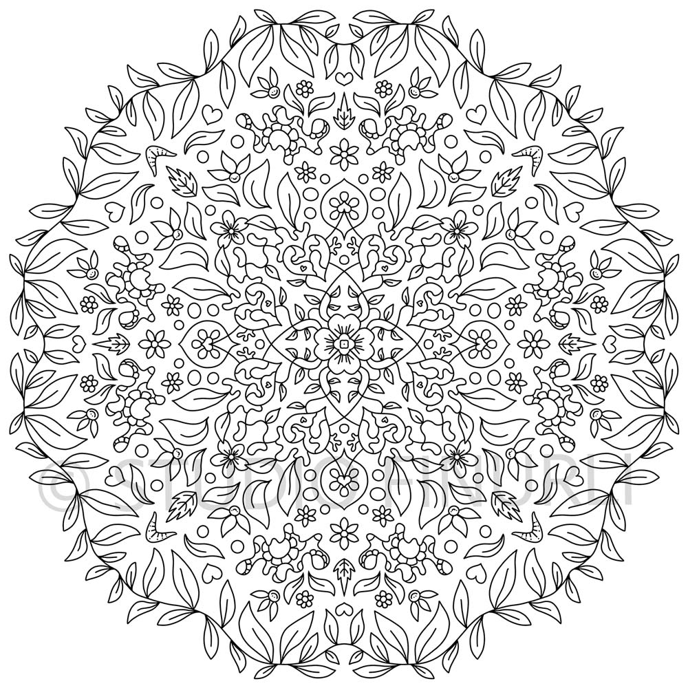 Sort-hvid mandala illustration med blomster og blade, perfekt som plakater til børneværelset, dansk design kunst.