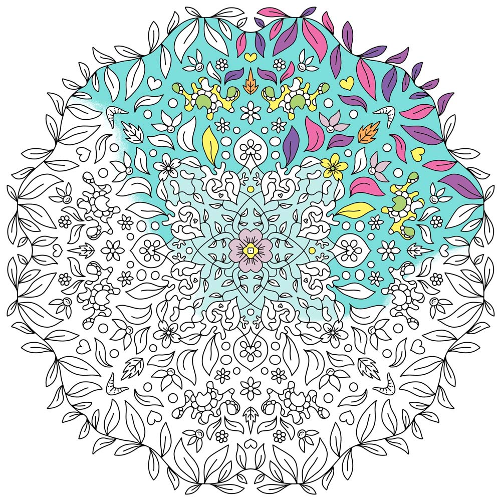 Illustration af delvist farvelagt mandala i blå, lilla og gul, dansk design, plakater til børneværelset og børn, maleri og.