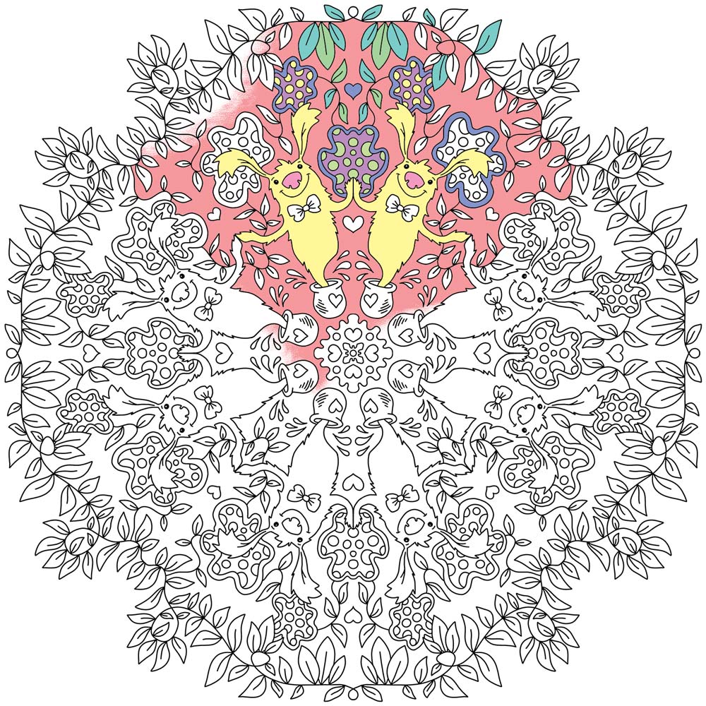 Detaljeret mandala illustration med rosa og gule accenter, dansk design, plakater til børneværelset, kunst og maleri.