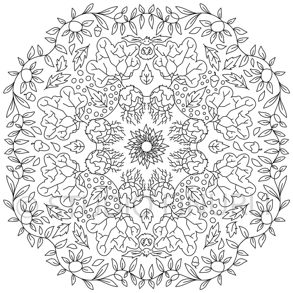 Illustration af sort-hvid mandala med detaljerede blade og blomster, plakater til børneværelset, dansk design kunstmaleri.