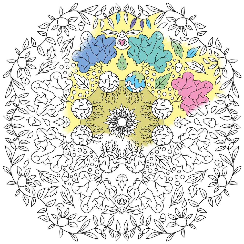 Mandala illustration med farvede blade og gule detaljer, plakater til børneværelset i dansk design, kunst og maleri.