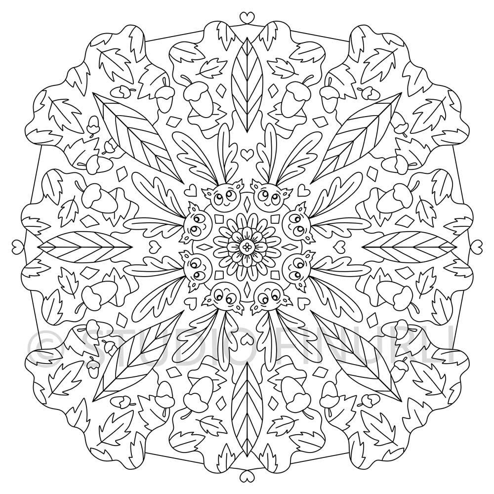 Sort-hvid mandala illustration med detaljerede blade og blomster, dansk design kunst til børneværelset plakater til børn.