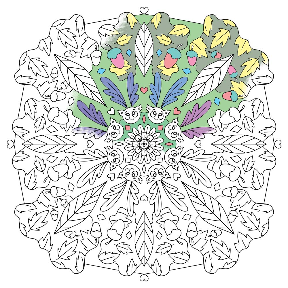 Illustration af delvist farvelagt mandala med blomster og blade, plakater til børneværelset, dansk design, kunstnerisk maleri.