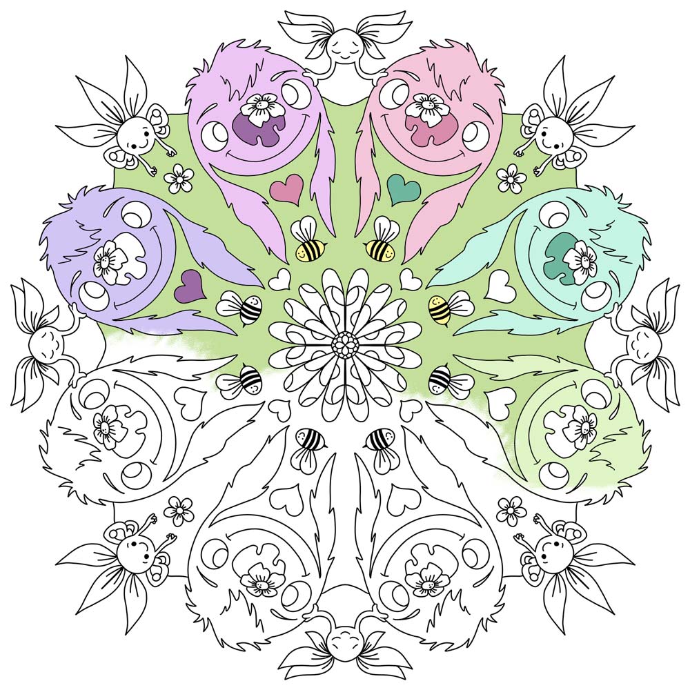 Farverig mandala illustration med glade ansigter og blomster, dansk design, plakater til børneværelset og kunst.