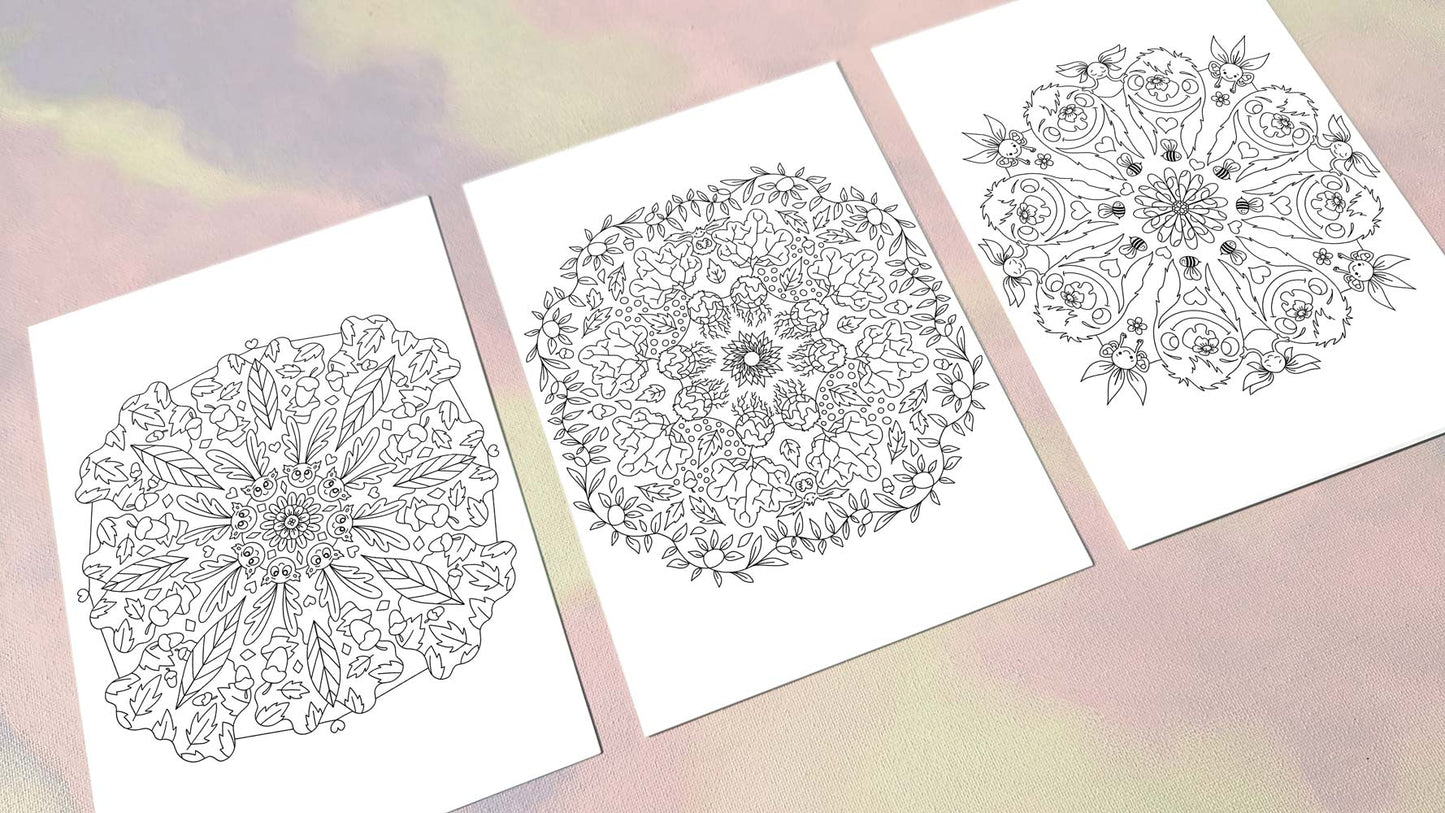 Tre detaljerede mandala-illustrationer i sort-hvid, plakater til børneværelset med dansk designkunst.
