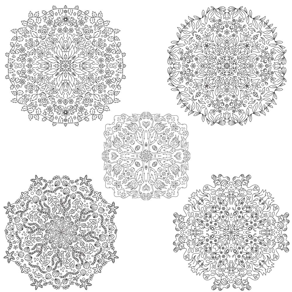 Fem sorte og hvide mandala illustrationer med detaljeret mønster, perfekt som plakater til børneværelset i dansk design.
