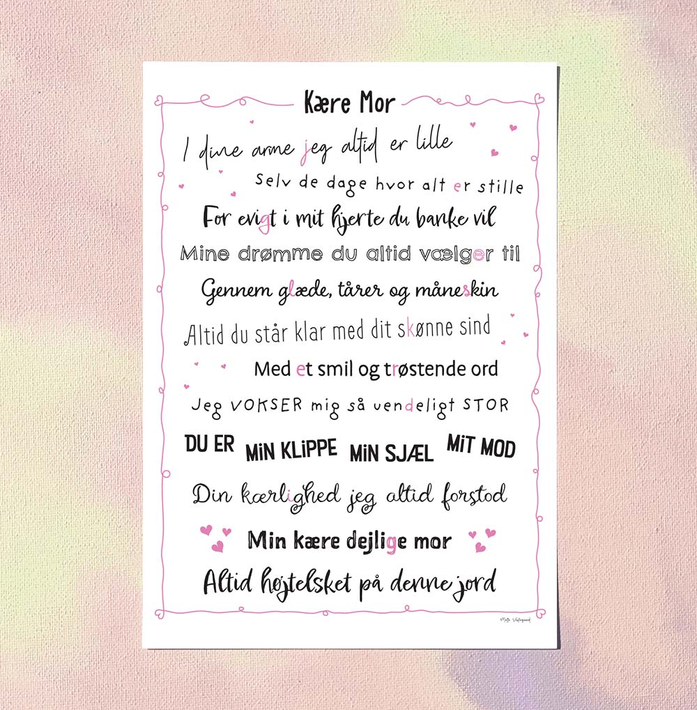 A5 kort med dansk design og illustration, poetisk tekst til plakater til børneværelset og kunsttryk.