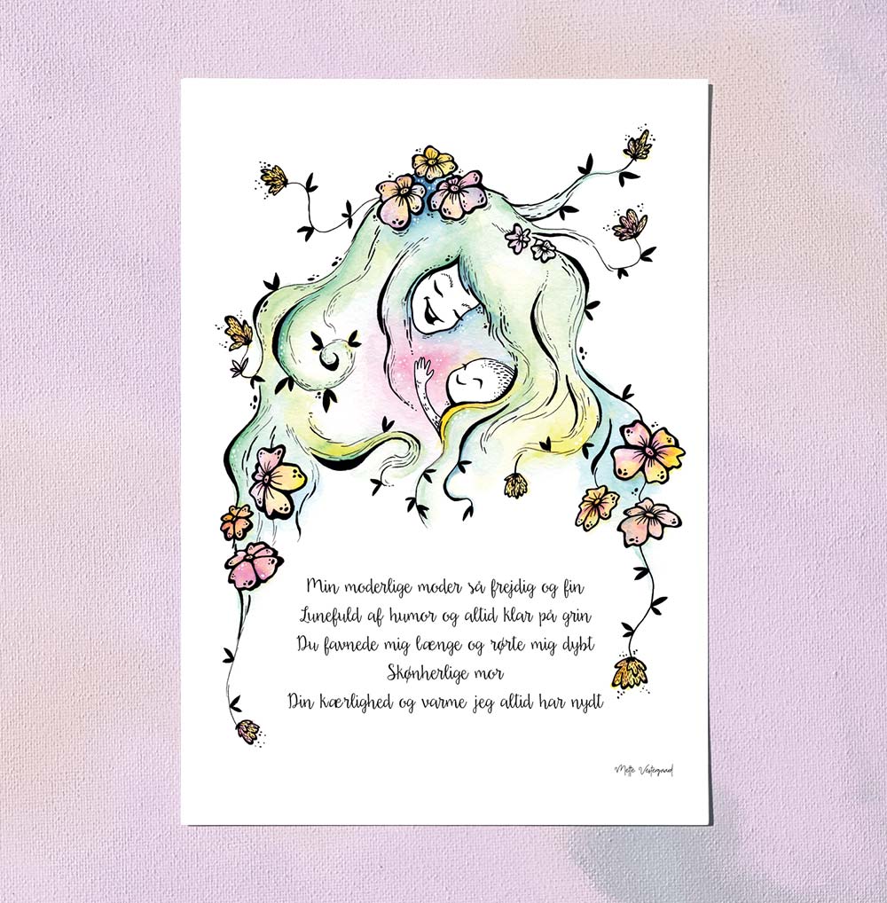 A5 kort med illustration af blomster og kvindehoved i pastel farver, dansk design maleri til børneværelset, plakater til.