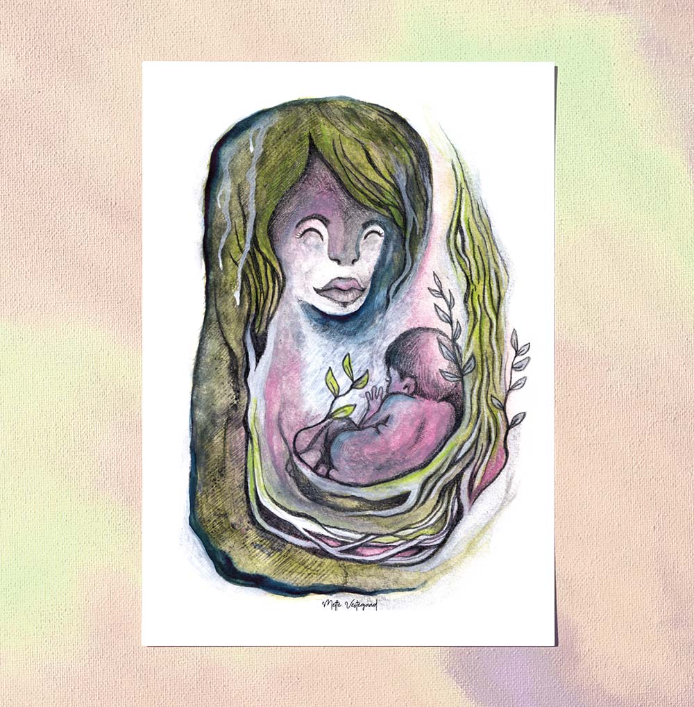 Illustration af mor og barn i bløde lyserøde og grønne nuancer, dansk design plakat til børneværelset, kunstmaleri med.