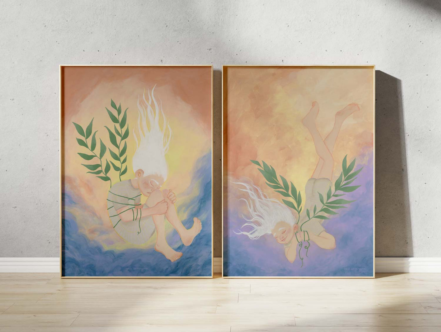Dansk design kunsttryk med illustration af faldende engel i blide pastelfarver, plakater til børneværelset, maleri.