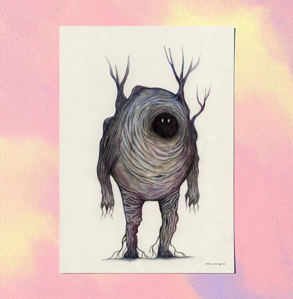 Illustration af unik, fantasifuld skabning i mørke nuancer, dansk design plakat til børneværelset, kunst og maleri til børn.