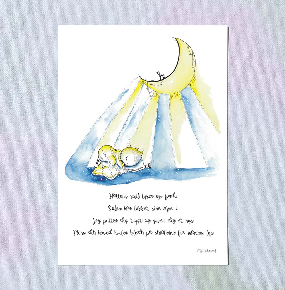 A5 kort med dansk design illustration af sovende børn under måneskin, plakater til børneværelset, maleri kunst.