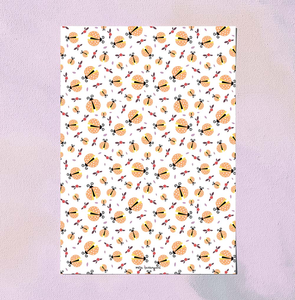 A5 kort med mariehøne mønster i dansk design, illustration til plakater til børneværelset og børn, kunst og maleri.