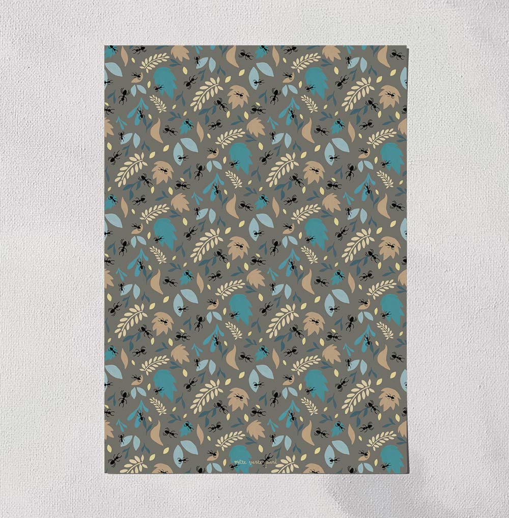 A5 kort med myremønster i blå og beige, illustration i dansk design, plakat til børneværelset, maleri og kunst.