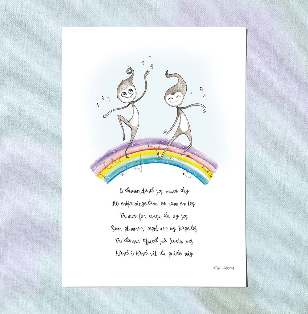 A5 kort med dansk design illustreret med dansende enhjørninger på regnbue, plakater til børneværelset og kunsttryk.