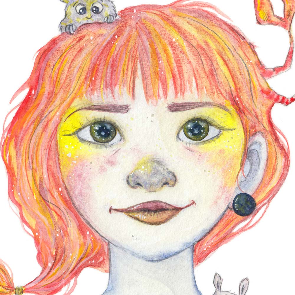 Farverig illustration af pige med orange hår og glade øjne, dansk design plakat til børneværelset og kunst.