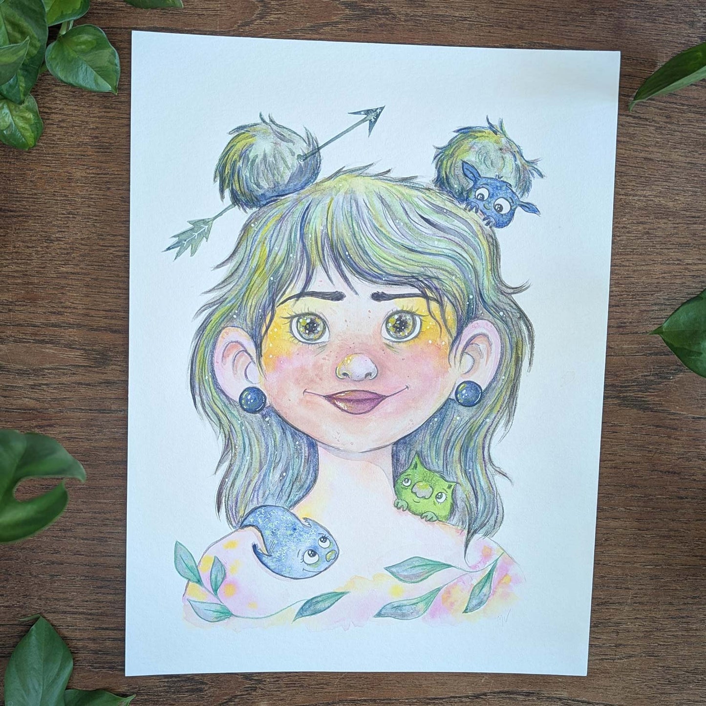 Farverig illustration af pige med skytten-tema og dyr, dansk design, plakater til børneværelset, kunst og maleri.