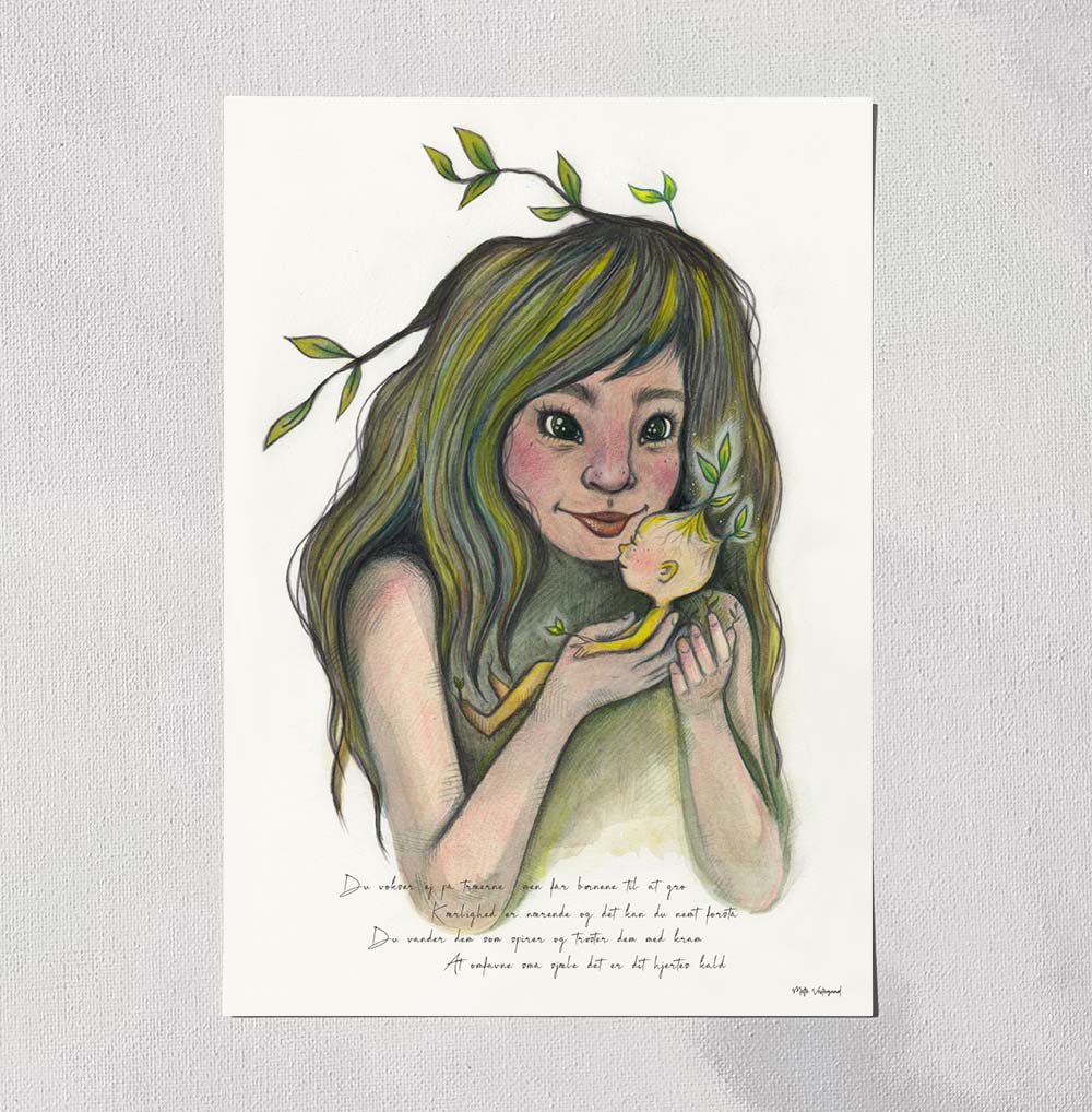 A5 kort med illustration af pige med grønne blade i håret, dansk design kunst til børneværelset.