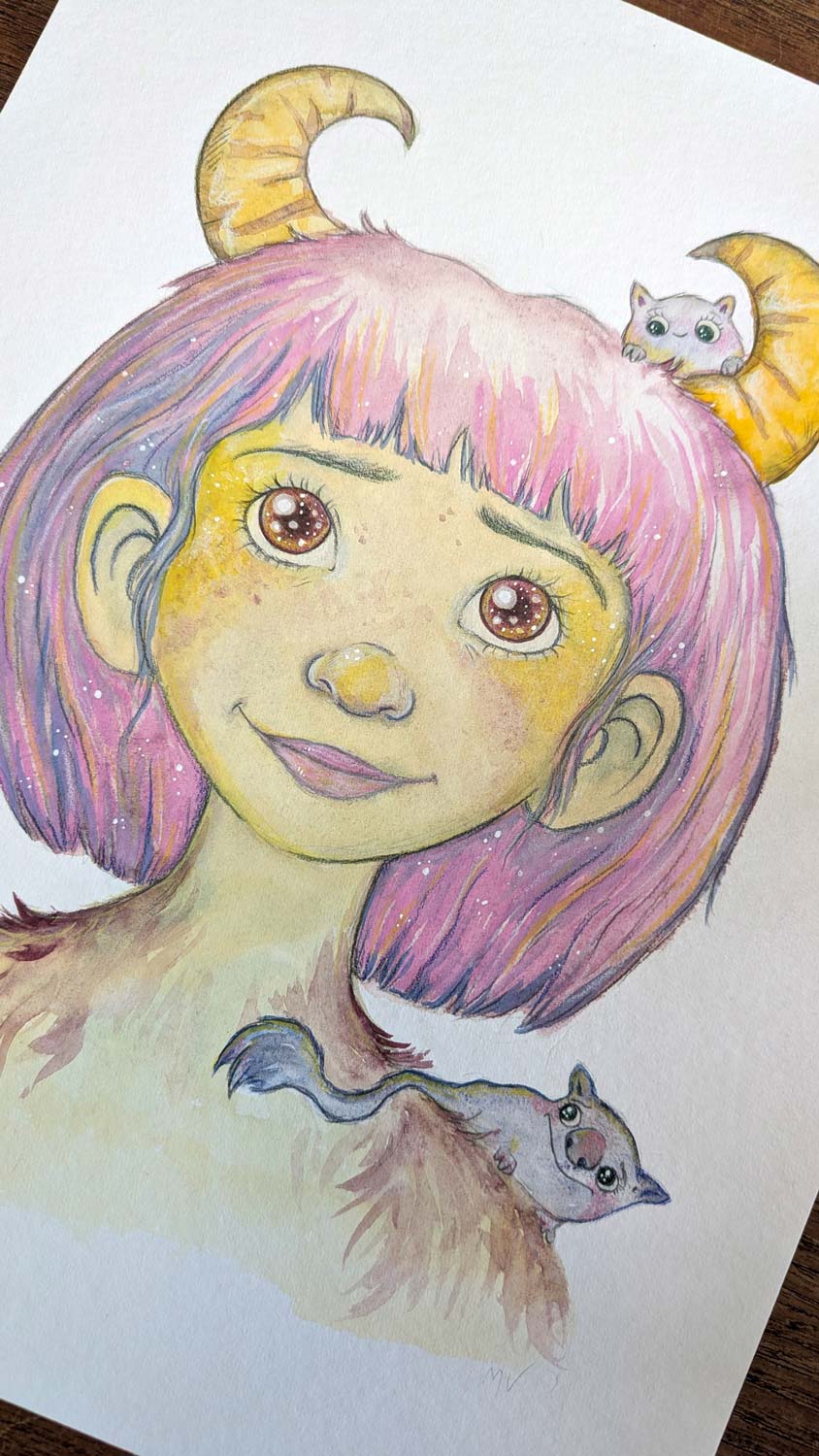 Farverig illustration af pige med pink hår, mus på hoved og skulder, dansk design maleri til børneværelset.