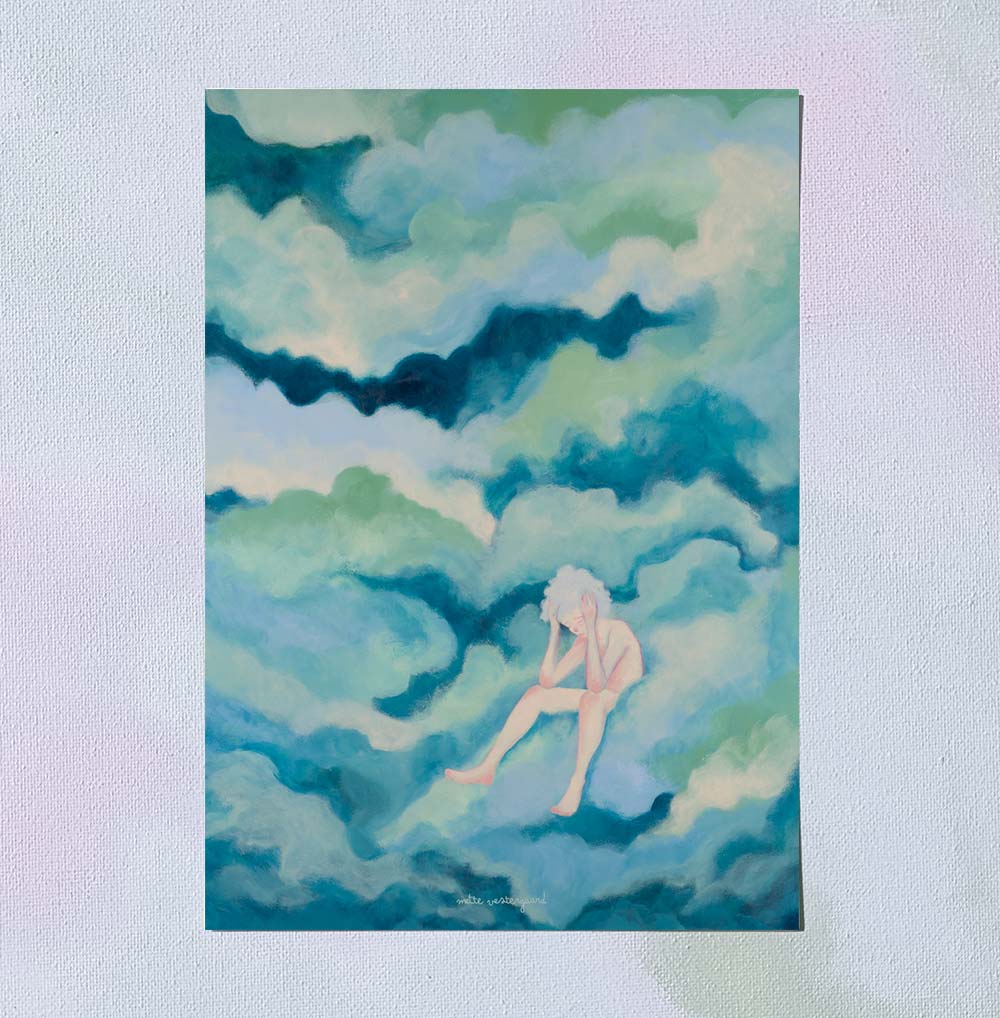 A5 kort med illustration af tænkende figur i blågrønne nuancer, dansk design, plakater til børneværelset, maleri, kunst.