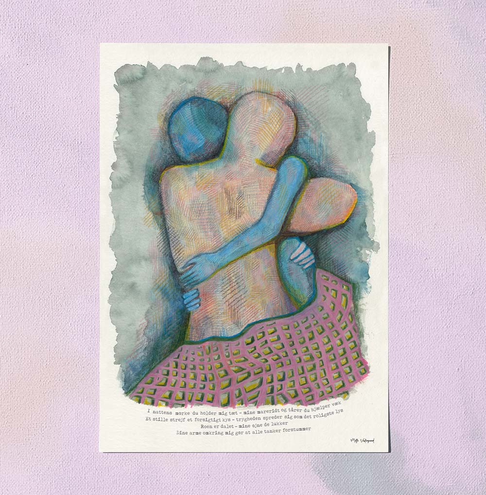 A5 kort med illustration af to omfavnende figurer i bløde farver, dansk design, maleri, plakater til børneværelset, kunst.